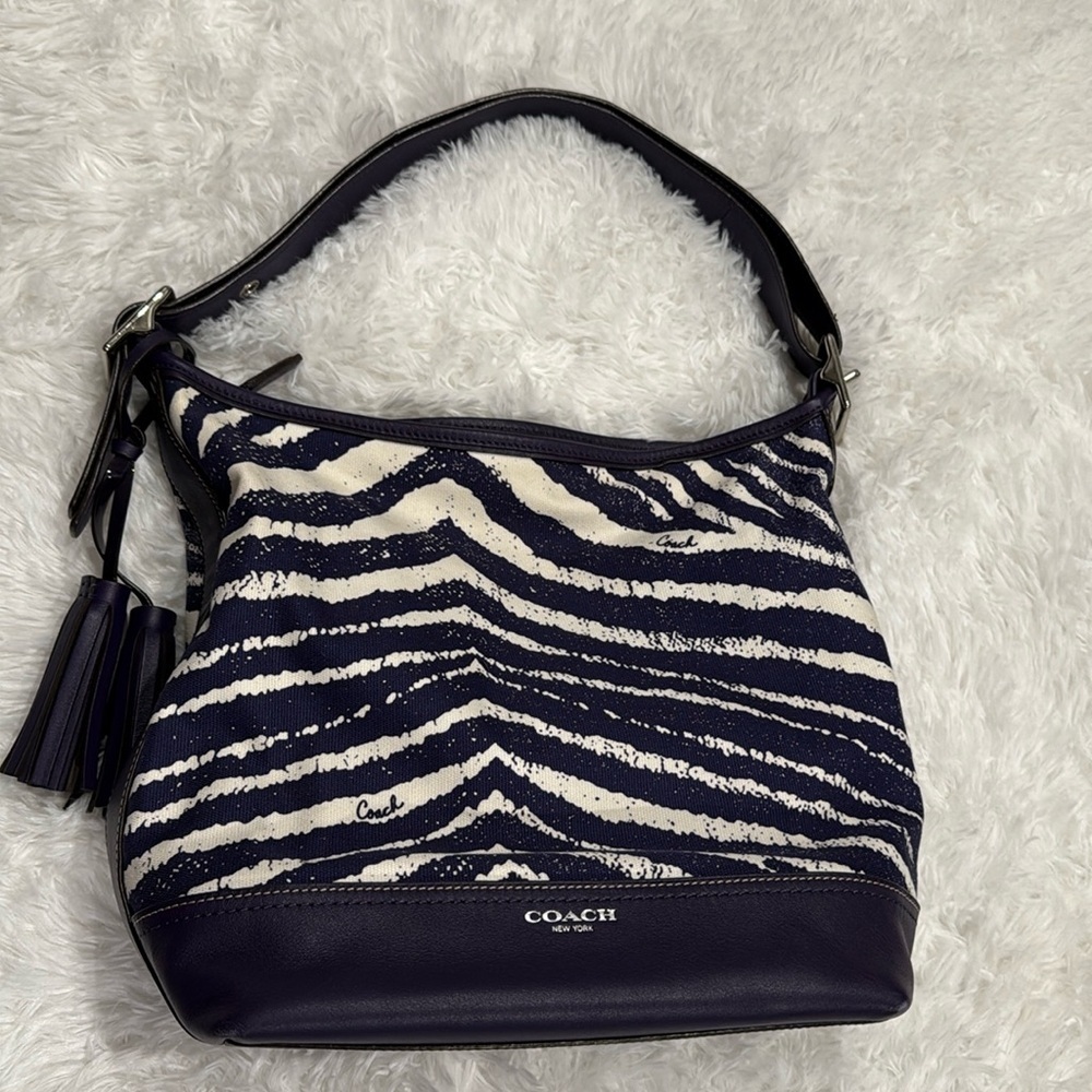 Coach Legacy Zebra Print Leather Trim Duffel Shoulder Bag in SV/Marine